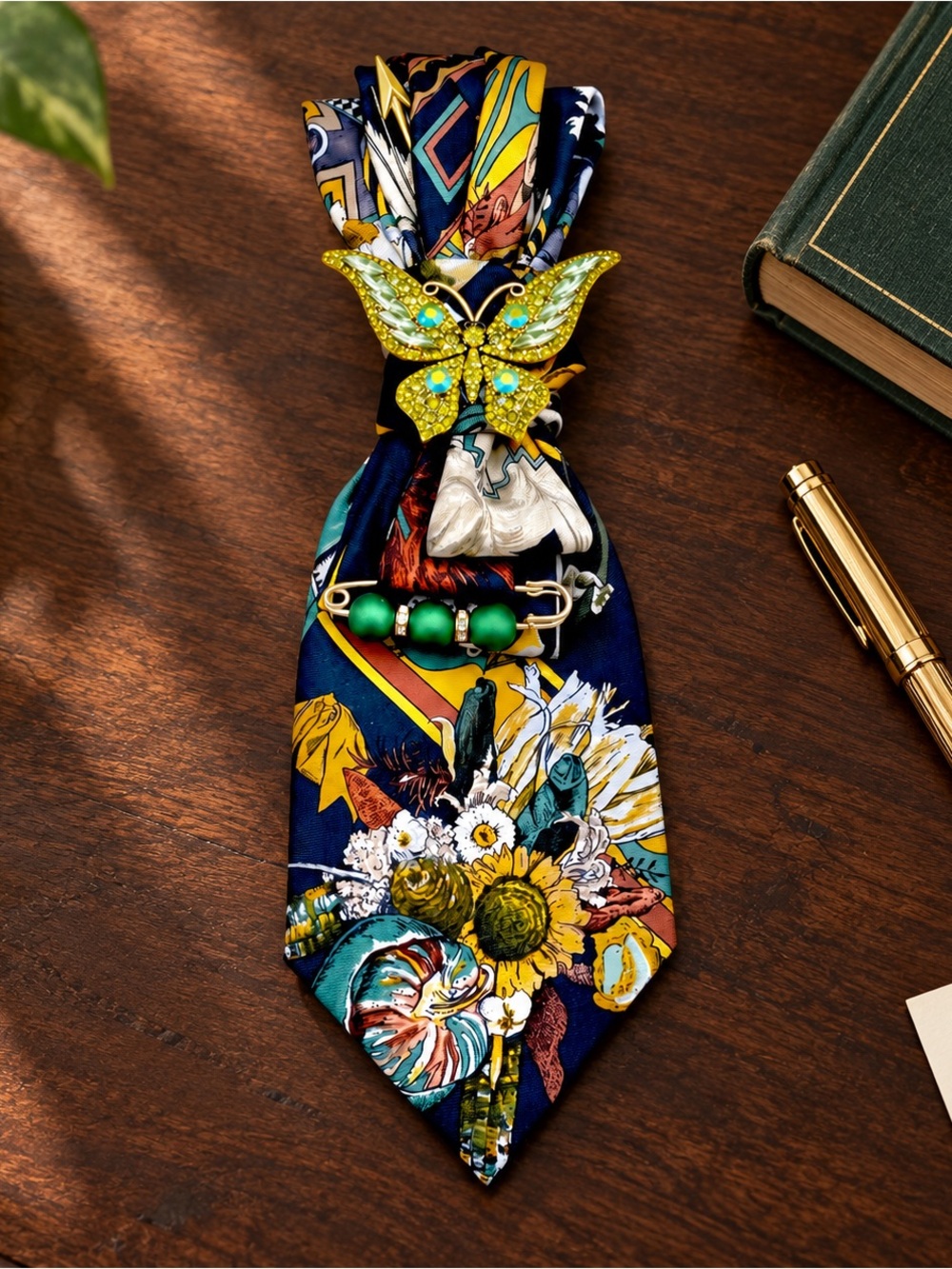 One of a Kind Embellished Tie Necklace, Jeweled Butterfly Statement Necktie,